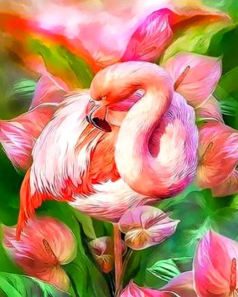 Картина по номерам 30x40 Фламинго среди розовых цветов