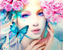 Девушка с розами и две синих бабочки
