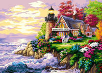 Домик с маяком у бурного моря