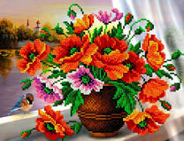 Букет маков и воробушек на подоконнике