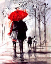 Пара под красным зонтом выгуливает собак