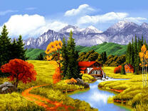 Домик у реки в горной долине осенью