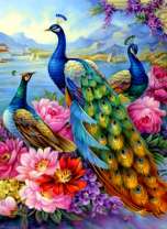 Цветущие пионы с розами и три павлина