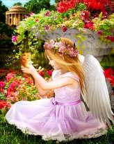 Ангелочек с котенком у цветочной клумбы