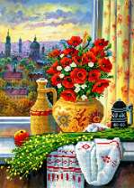 Маки и полевые травы на окне