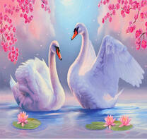 Семья лебедей на озере под сакурой