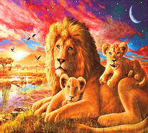 Лев с детьми в солнечной Африке