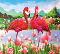 Пара фламинго в озере с тюльпанами