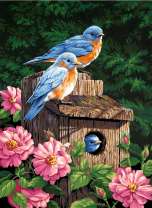 Синие птички в домике с цветами