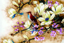 Птица на цветах магнолии