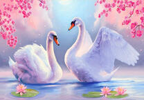 Пара влюбленных лебедей под розовыми цветами