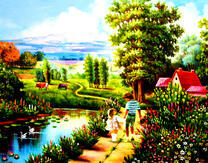 Дети идут вдоль озера домой