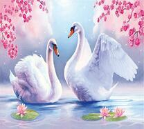 Два белых лебедя на озере под цветами