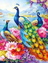 Три павлина в цветущих розах