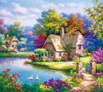 Милый деревенский домик у лебединого озера