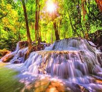 Красочный лесной водопад в лучах солнца