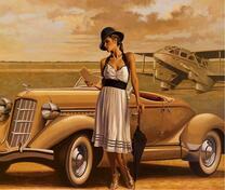 Девушка с книгой у машины и самолет