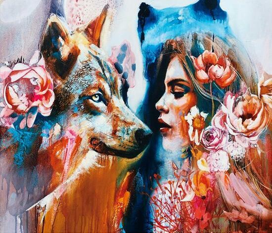 Алмазная мозаика 40x50 Волчица, женщина и розы