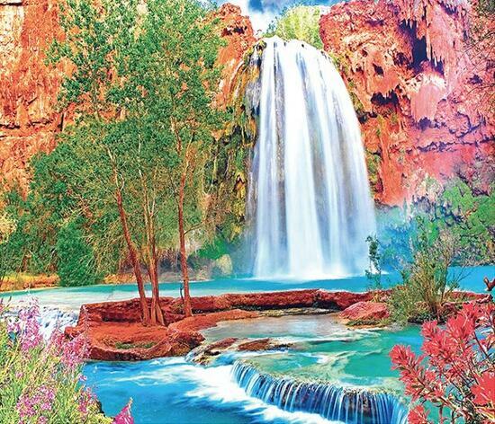 Алмазная мозаика 40x50 Красочное озеро и водопад на оранжевых скалах