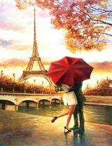 Поцелуй под красным зонтом у осенней Сены