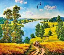 Дорога через холмы и поля вдоль реки