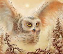 Полярная сова над снежными деревьями