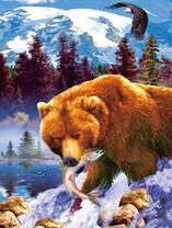 Медведь и орел ловят рыбу в реке