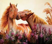 Две рыжие лошади среди цветов