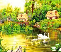 Домики с соломенными крышами у лебединого озера