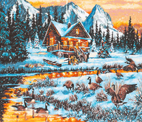 Деревянный домик у реки с дикими утками