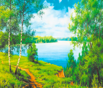 Пейзаж с видом на широкое озеро и березки