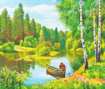 Две лодки у берега с березами