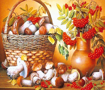 Корзинка с белыми грибами и рябина