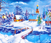 Заснеженная деревня у реки