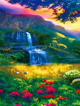 Красивый вид на водопад и озеро с лебедями