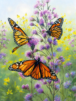 Три бабочки на фиолетовых цветочках