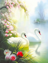 Белые лебеди на озере туманным утром