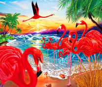 Стая розовых фламинго у моря