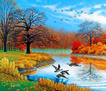 Осенний пейзаж с утками над озером