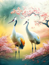 Журавли на туманном озере