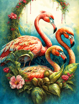 Розовые фламинго среди цветов и зелени