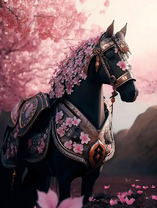 Черная лошадь в броне и цветах