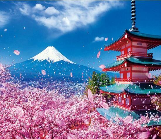 Алмазная мозаика 30x40 Японский храм, гора Фуджи и цвет сакуры