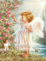 Милый ангелочек с котенком и бабочками