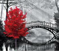 Красное дерево у мостика через реку