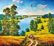 Лошадка везет телегу по холмам у реки