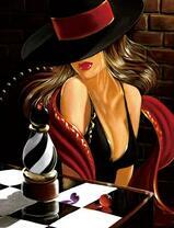 Леди в шляпе играет в шахматы