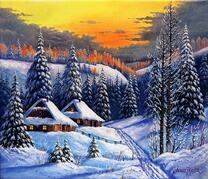 Пара домиков на холме в зеснеженном лесу