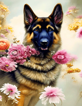 Красивая овчарка среди цветов