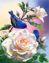 Синие птички на светлой розе